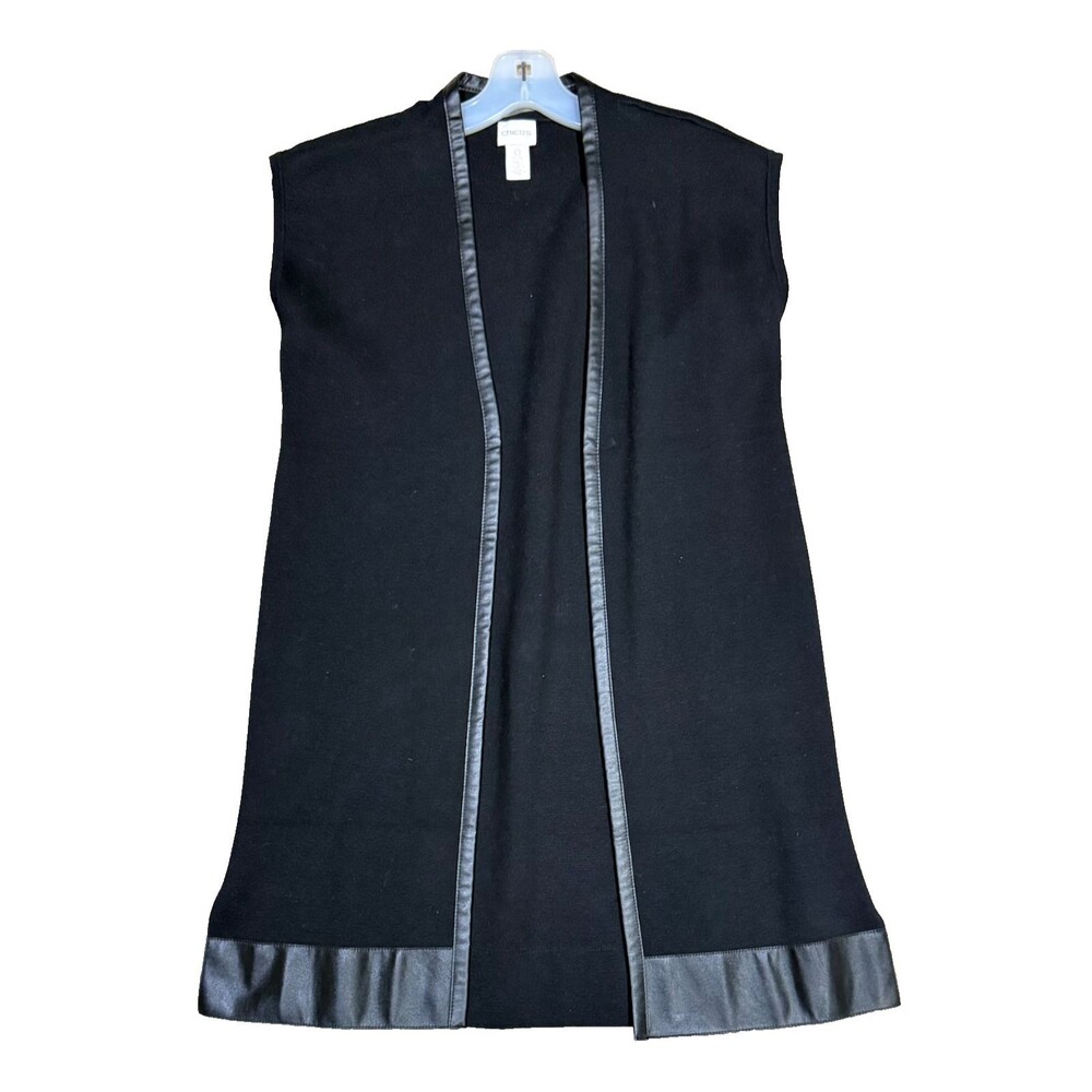 Chico's Black Long Open Front Sleeveless Knit Vest Faux Leather Trim Jacket Sz 0